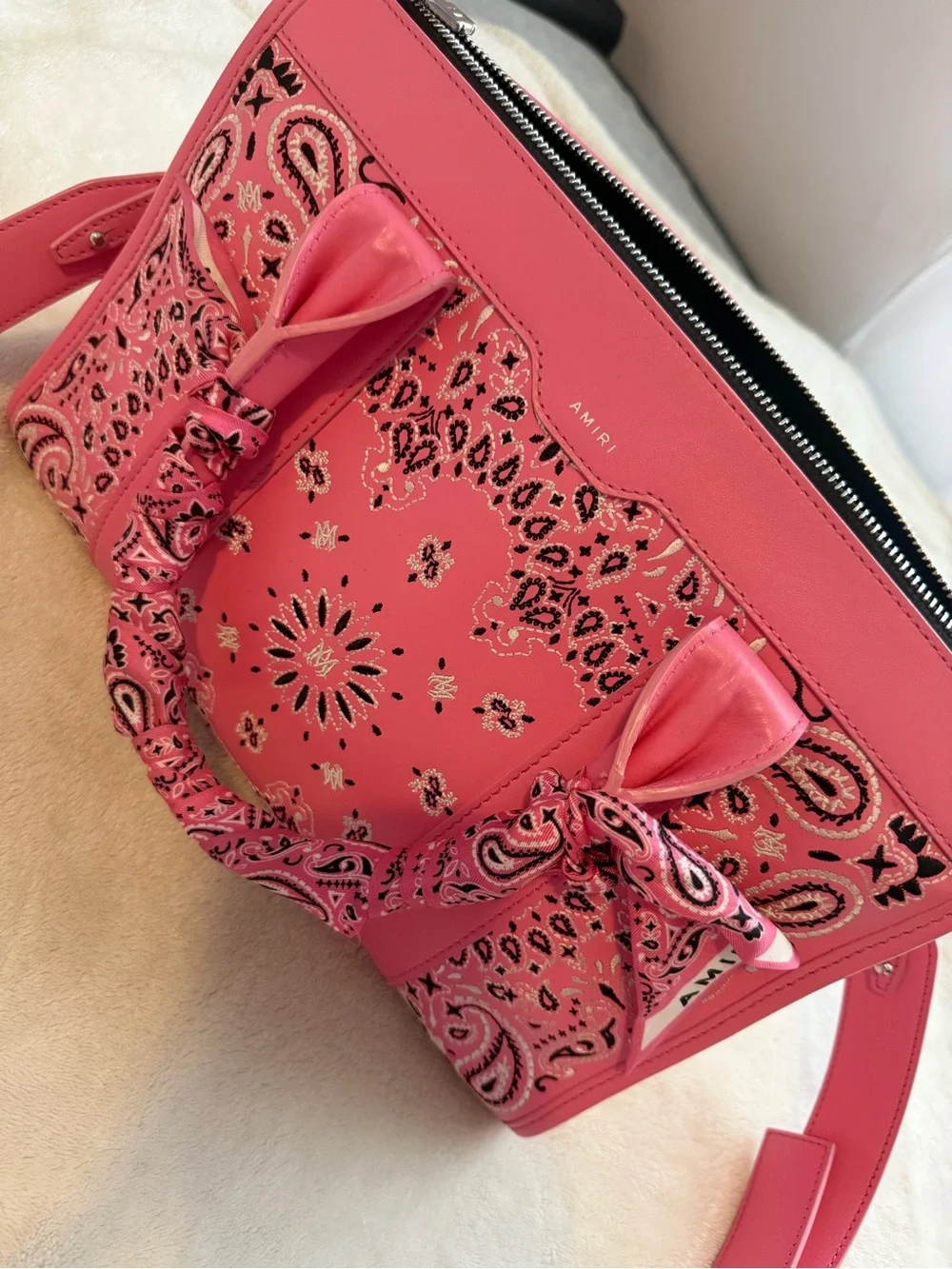 AMIRI Pink Bandana-Print Leather Satchel with Adjustable Strap